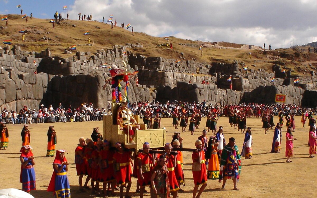Performers in Inca costume at the Inti Raymi festival above Cusco, Peru