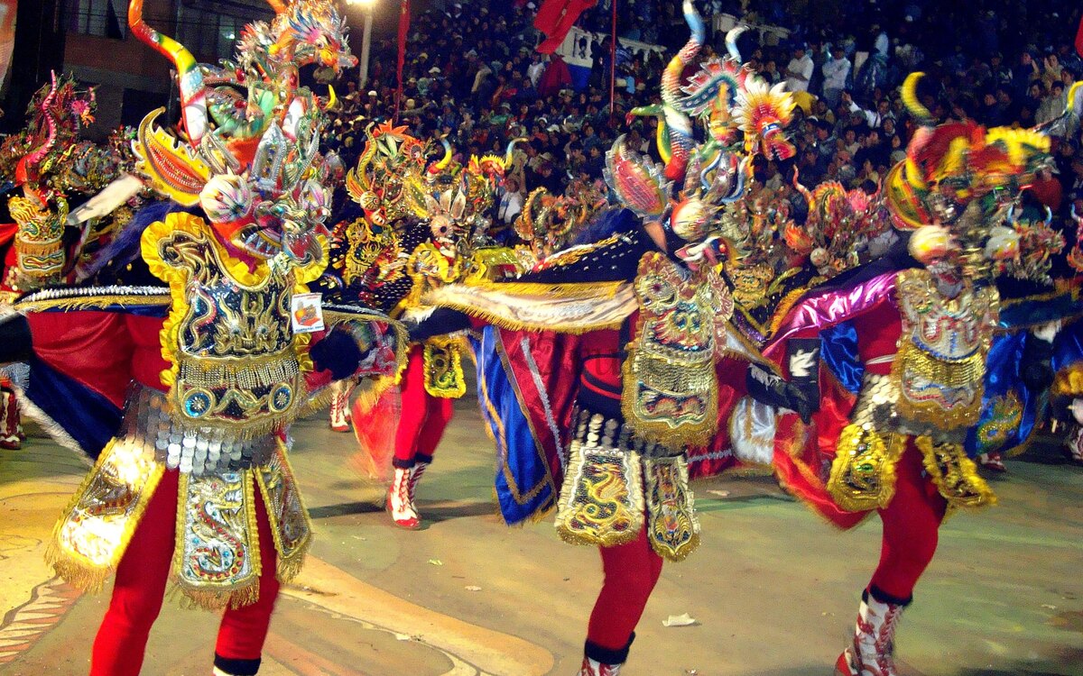 A masked Diablada dancer at the Carnaval de Oruro, Bolivia