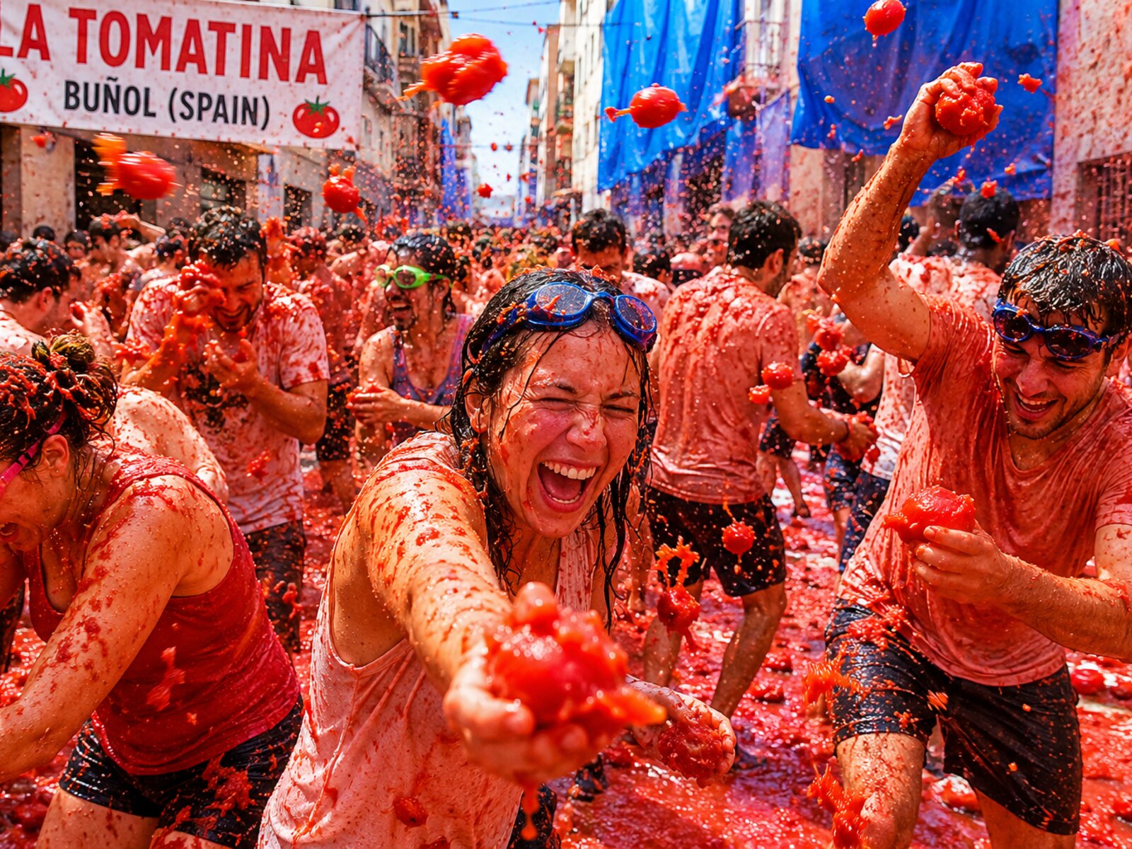 La Tomatina in Bunol, Spain — crowds covered in tomato during the famous tomato-throwing festival