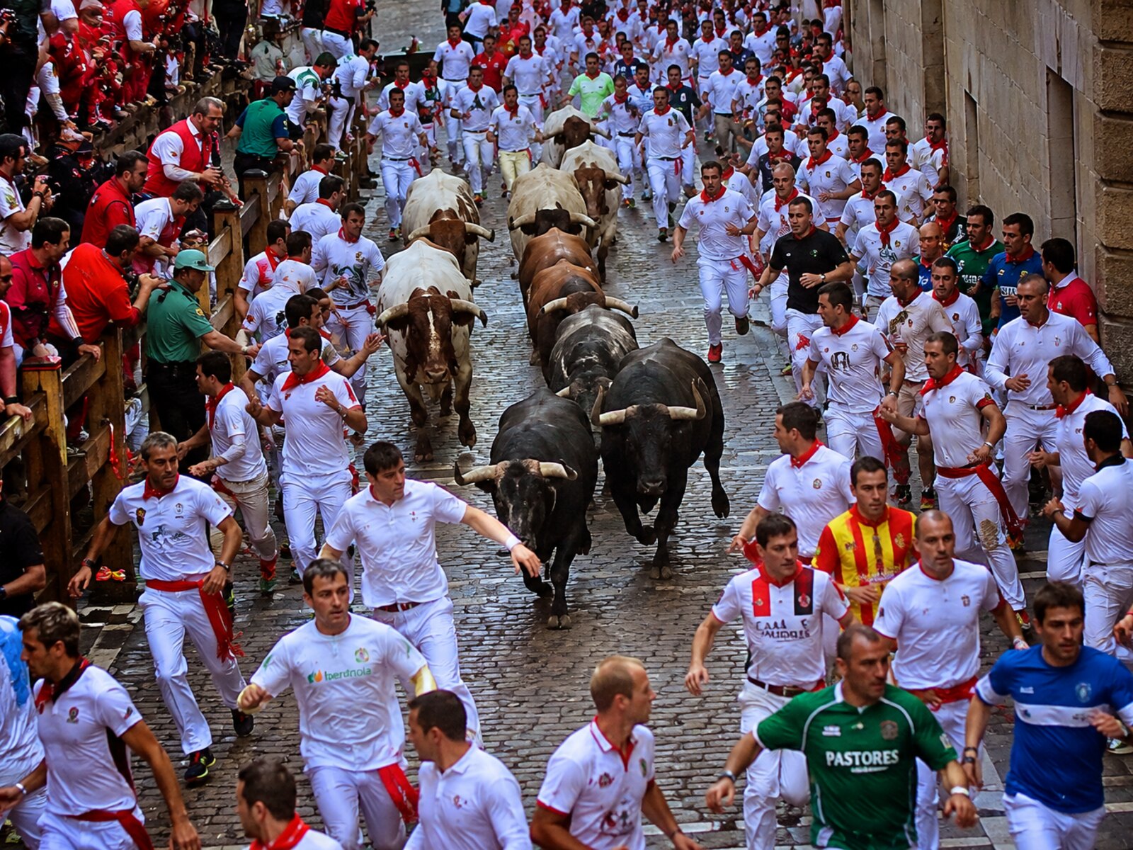 San Fermin in Pamplona — runners in white clothes with red bandanas racing ahead of the bulls through the streets