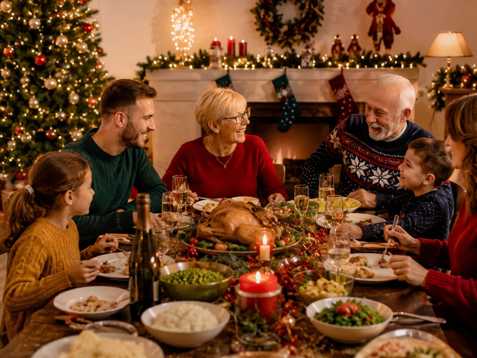 A family Christmas dinner at home with a decorated tree, presents underneath and the family eating together