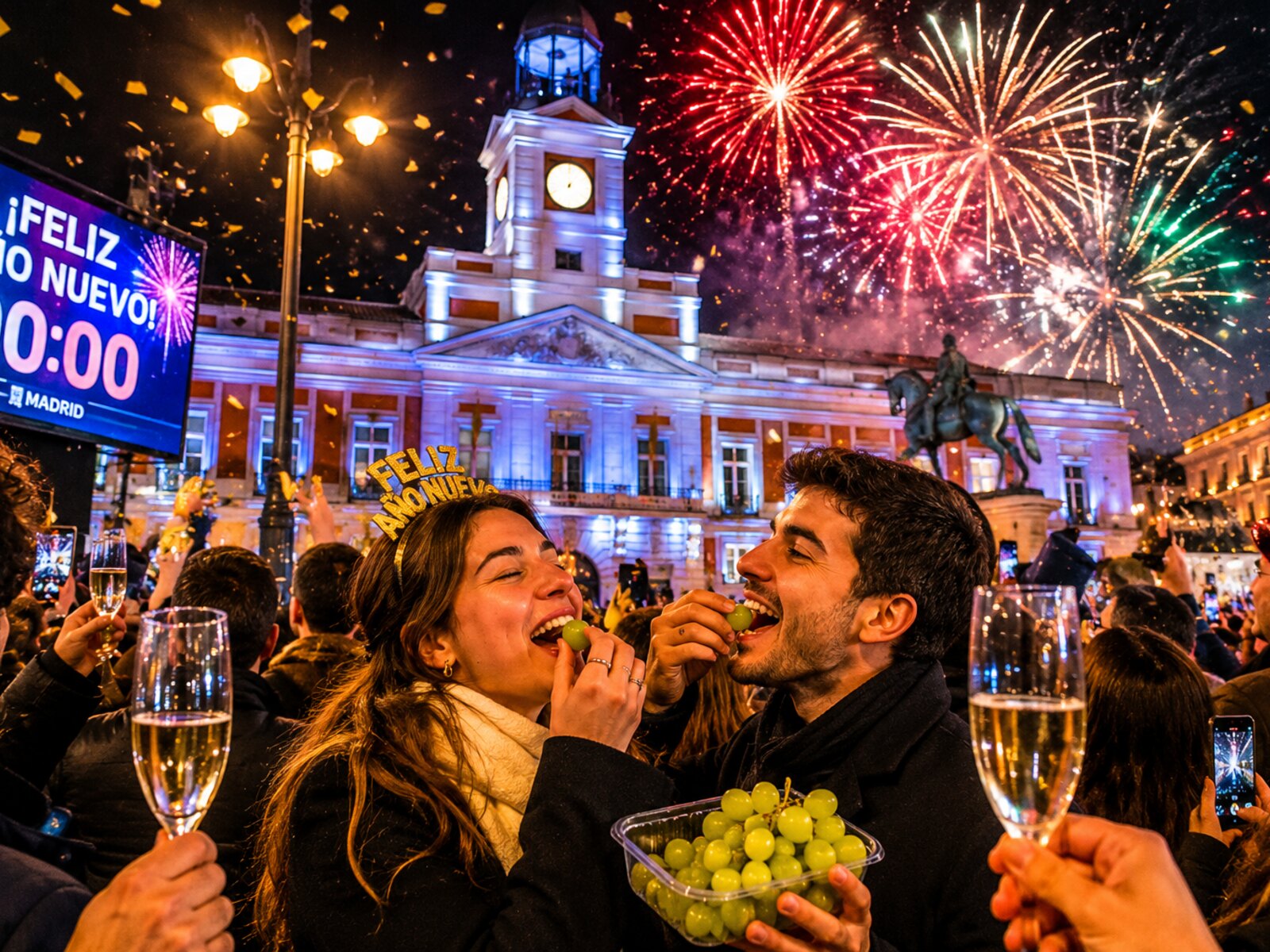 A New Year's Eve celebration — people toasting with cava as fireworks light up the night sky