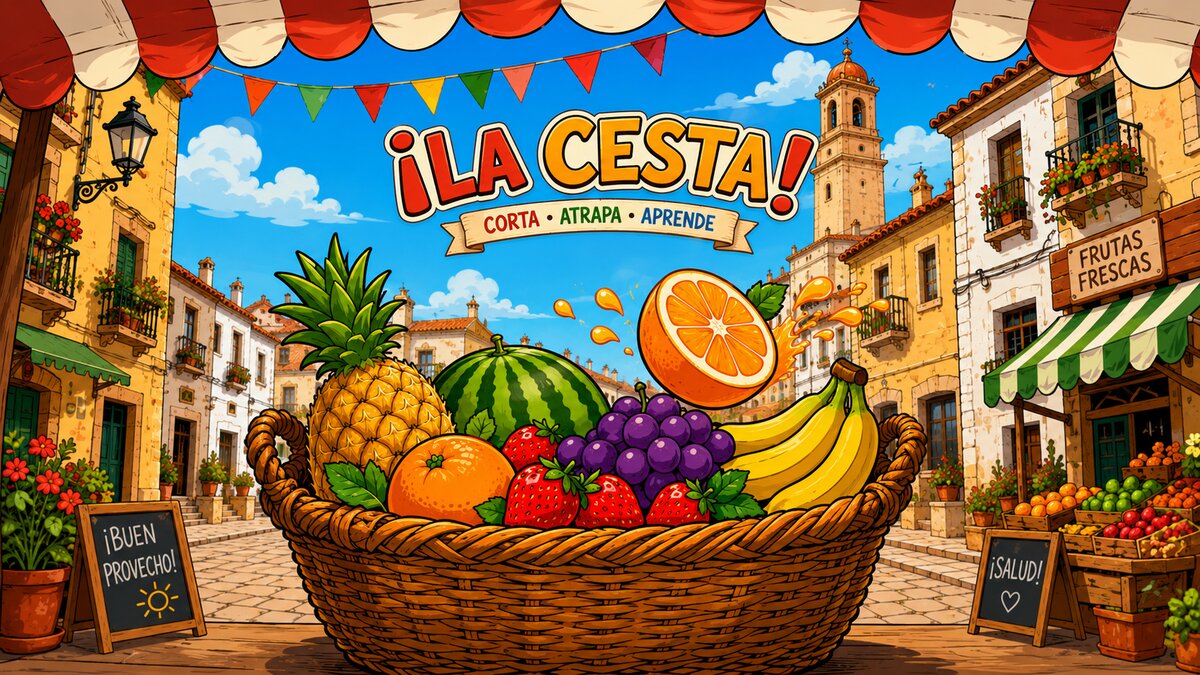 ¡La Cesta! — corta, atrapa, aprende. The Spanish market game: slice the fruit carrying the wrong words and catch the right one in your basket, through seven market days from lunes to domingo.
