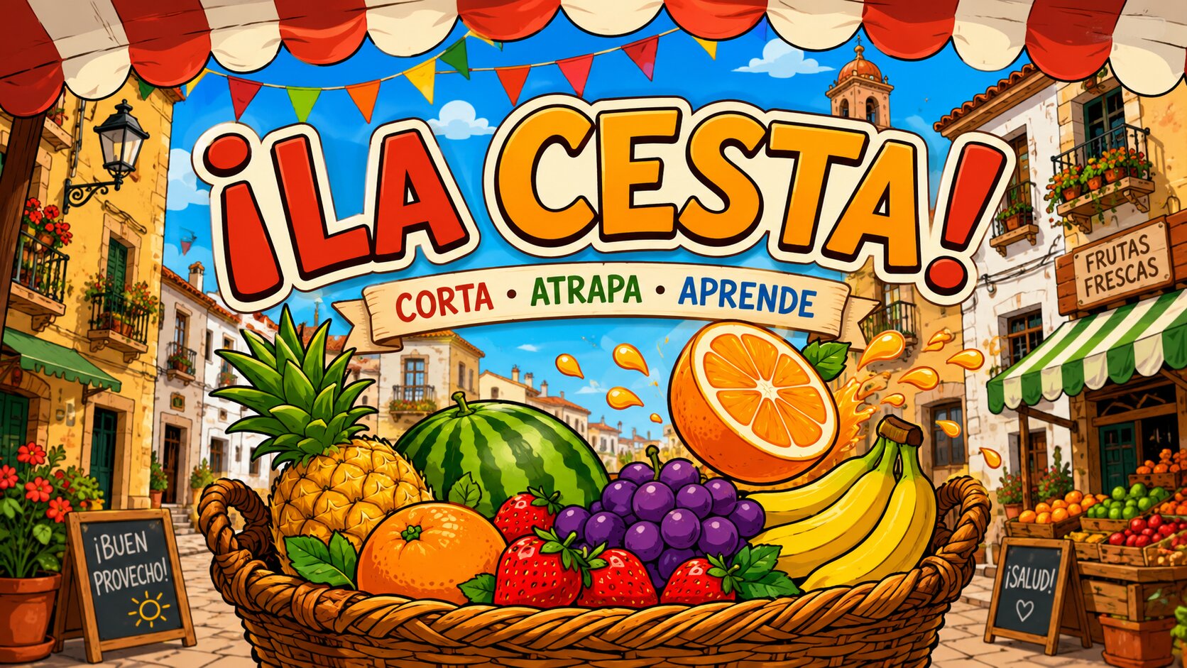 ¡La Cesta! — corta, atrapa, aprende. Spanish market vocabulary game.