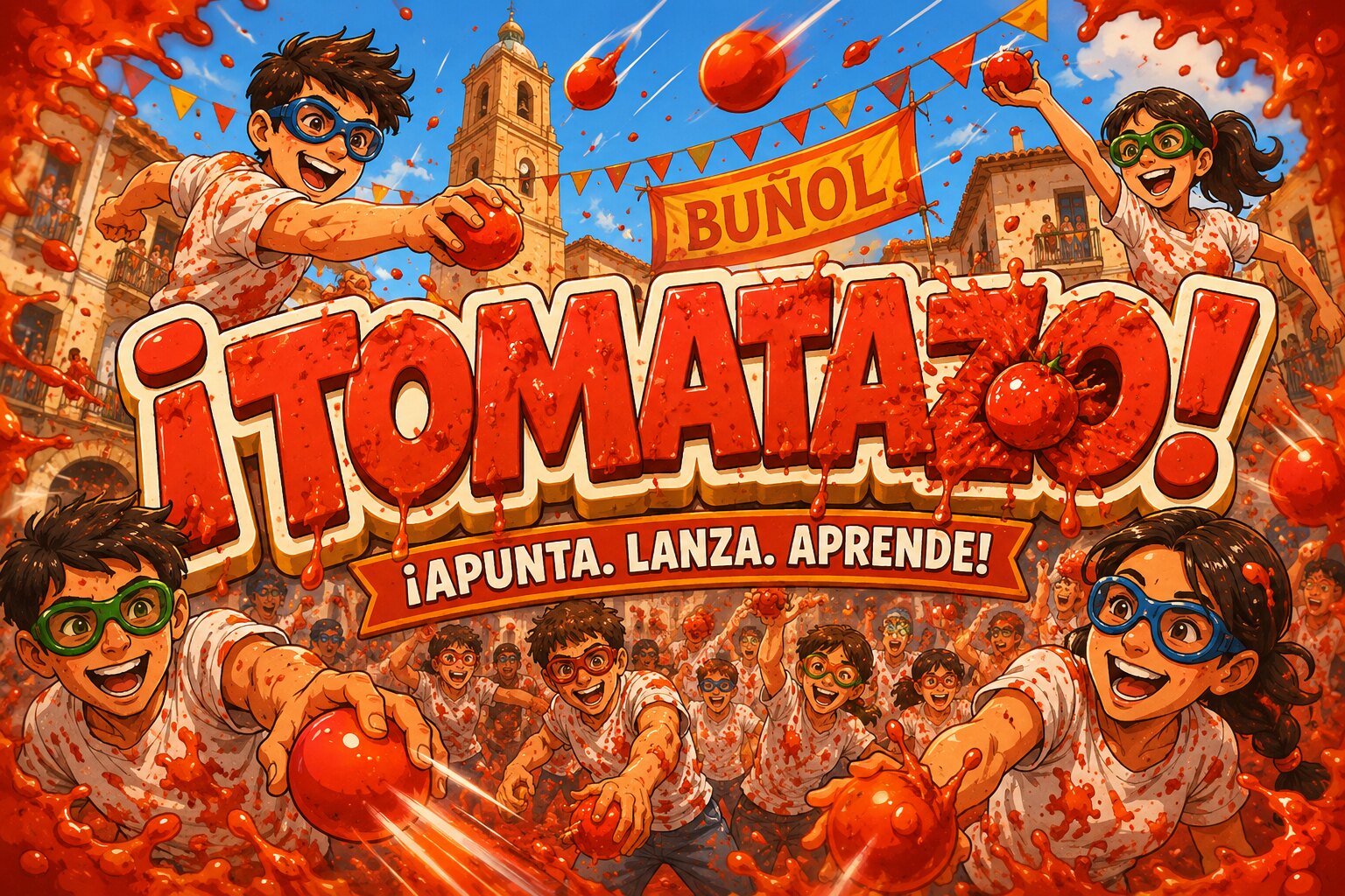 ¡Tomatazo! — apunta, lanza, aprende. The La Tomatina Spanish quiz battle: answer in Spanish to earn tomatoes, then splat the rivals in Buñol. Editions for Years 7, 8, 9 and all three GCSE themes.